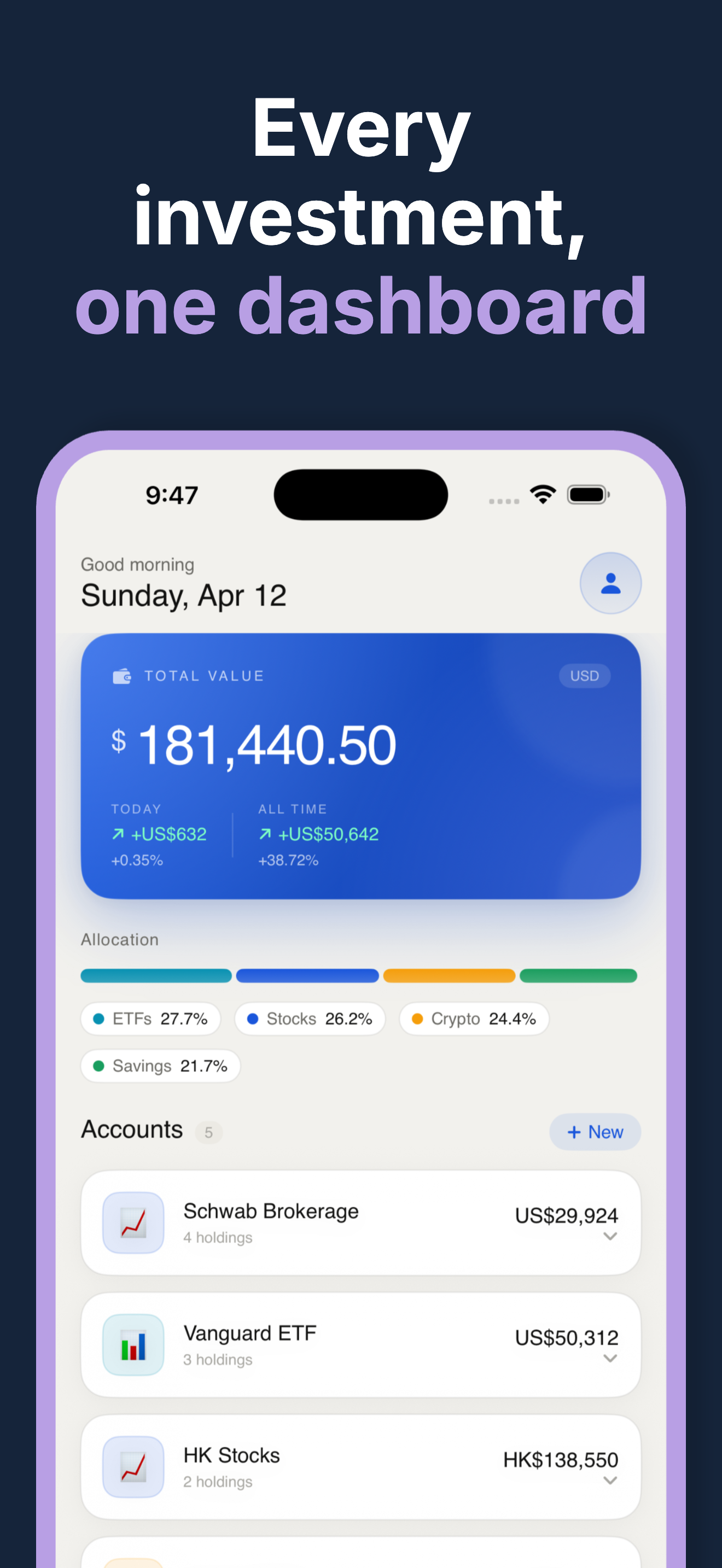 Portfolio dashboard with total net worth, allocation chart and accounts list