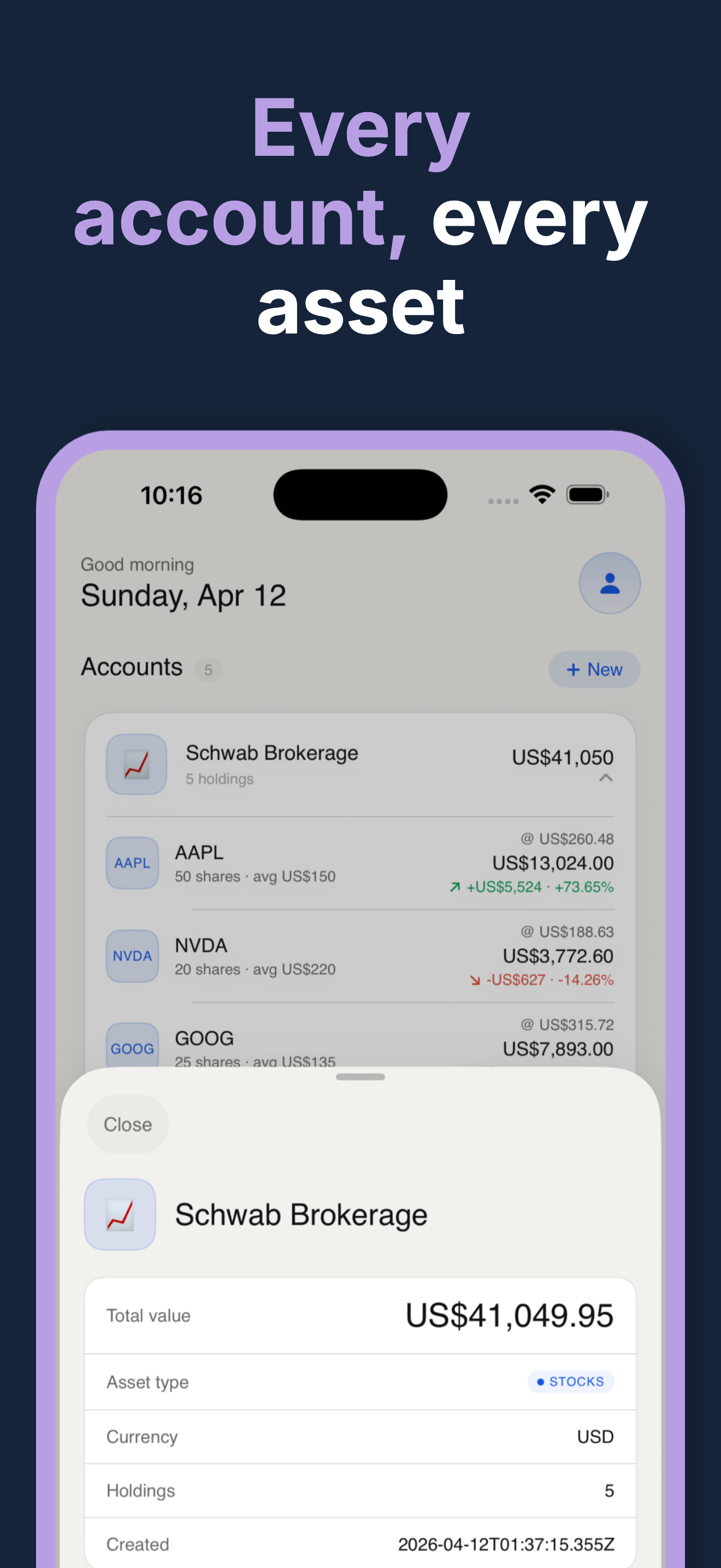 Account detail showing Schwab brokerage holdings (AAPL, NVDA, GOOG)