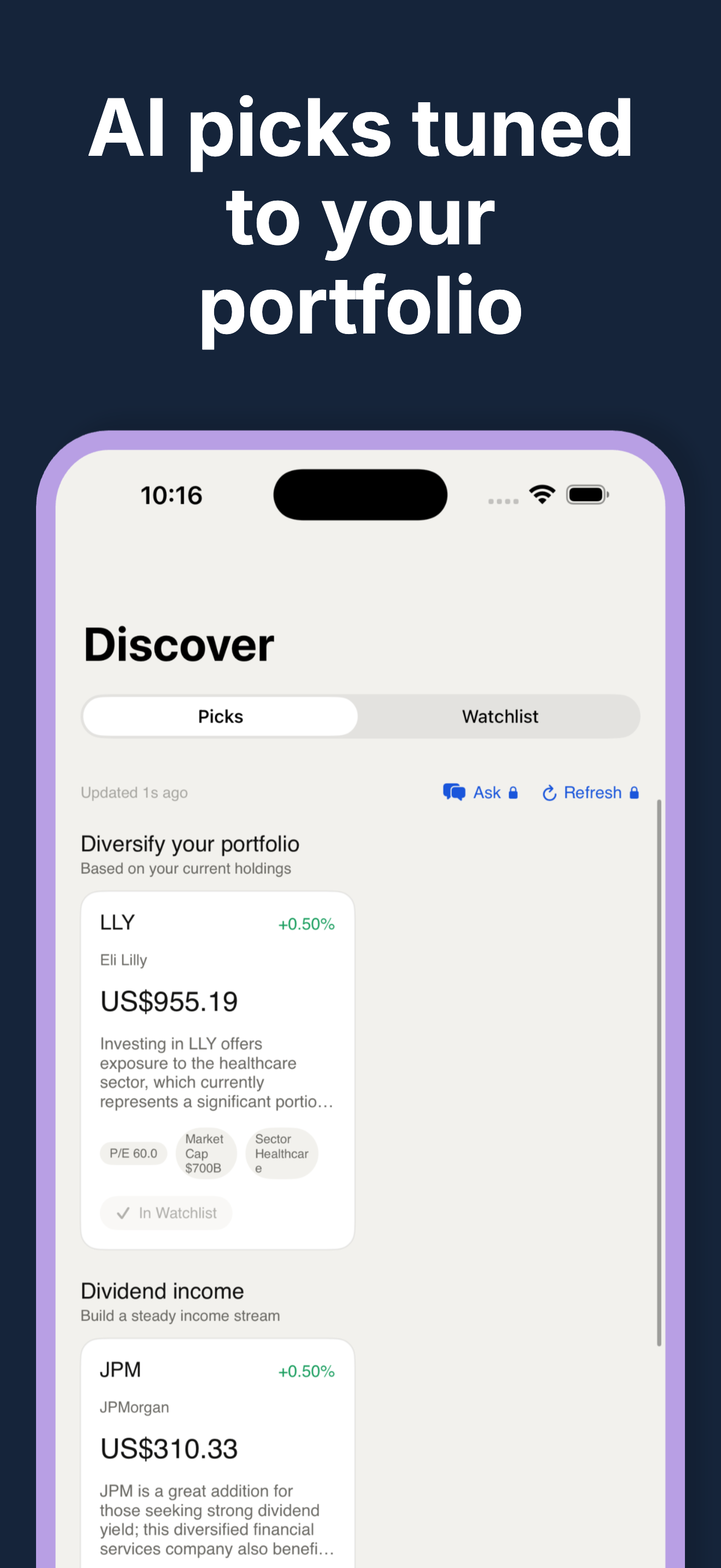 Discover tab with AI-curated picks tailored to your portfolio