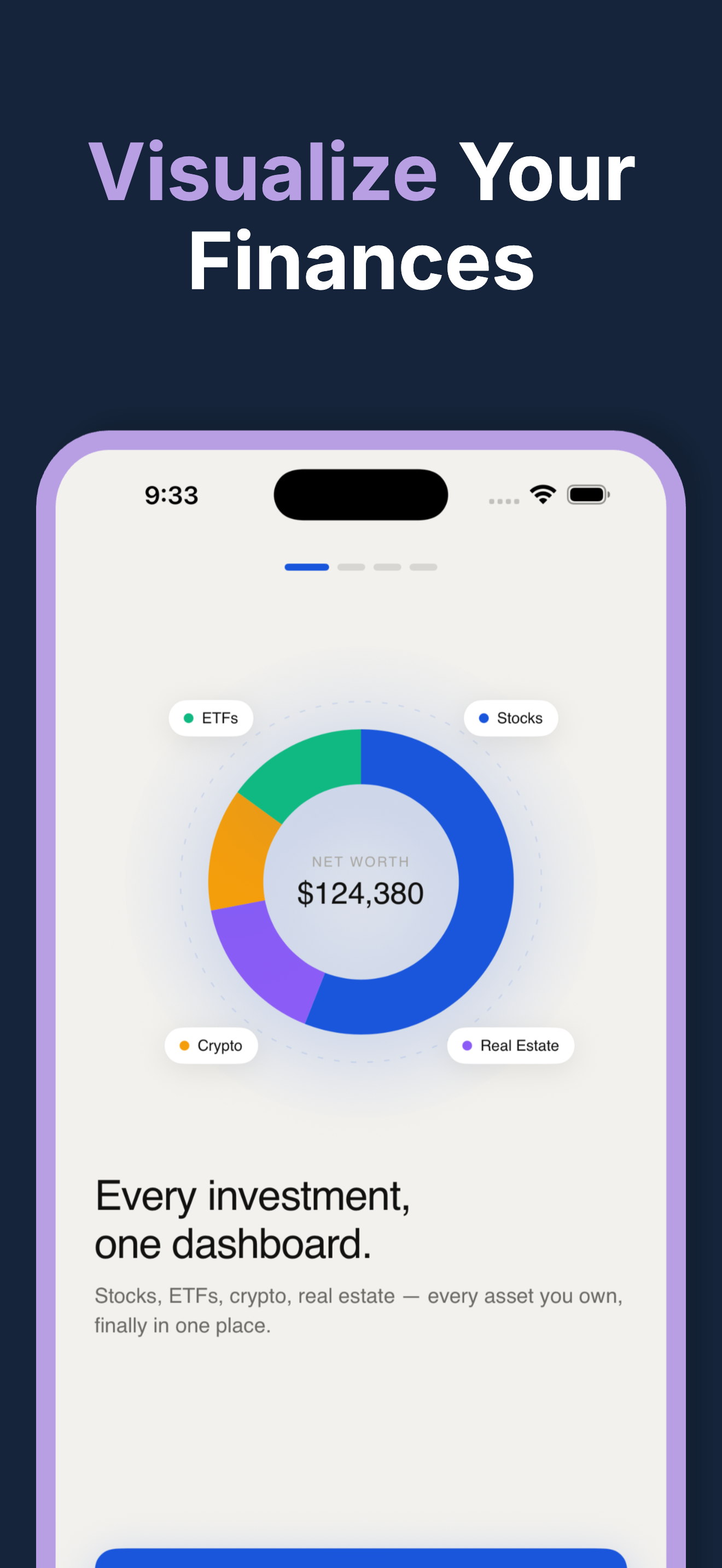 Donut chart visualising net worth across stocks, ETFs, crypto and real estate